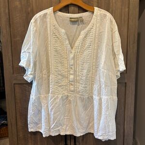 Natural D&Co Line Blend Top 2X babydoll V-Neck Half Button Down